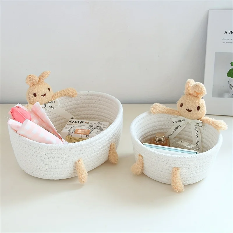 2pcs Hand-Woven Frame Storage Box, Sundries Storage Basket Entrance Cosmetics Storage Frame Cute Rabbit Desktop Small Basket