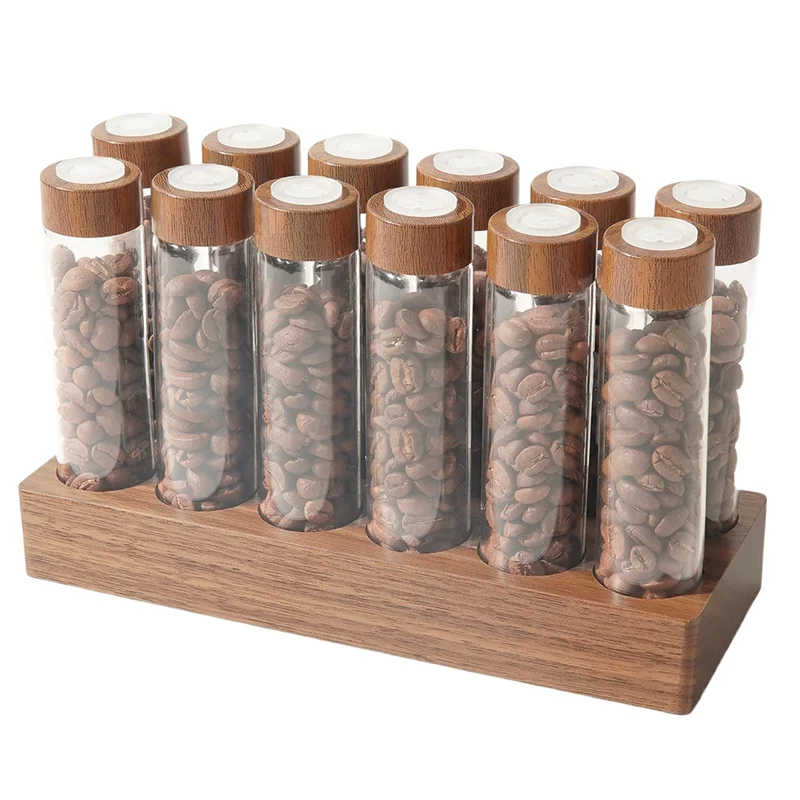 

A76K Wooden Stand 12 Single-Dose Coffee Bean Glass Containers, Each Featuring A One-Way Air Valve For 12 Test Tubes