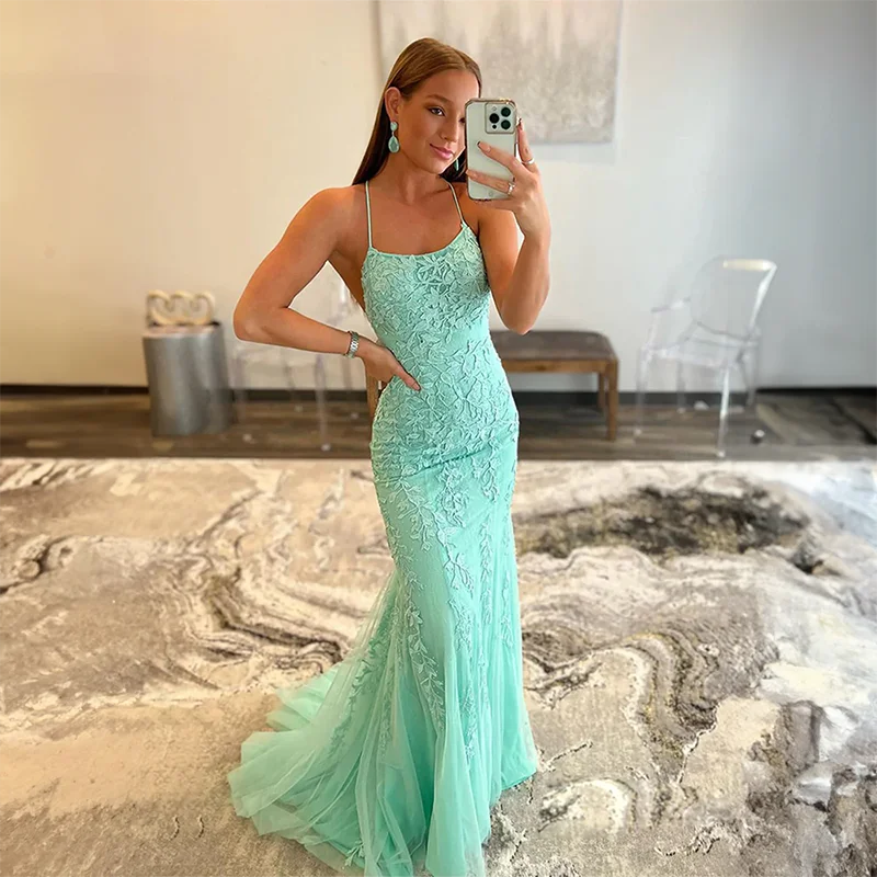 

BLUE Mermaid Formal Prom Dresses Elegant Open Back Lace Appliques Evening Gown Cowl Neckline Lace-up Vestido De Noche for Women