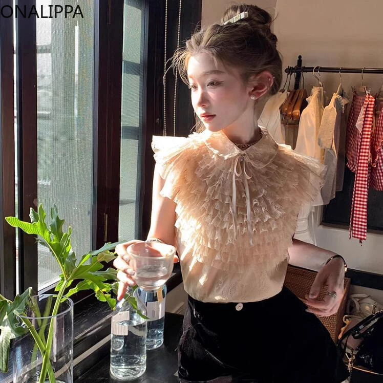 Onalippa Bow Small Lapel Lace Shirt Thousand Layers Palace Style Shirts Hook Flower Peter Pan Collar Sleeveless Womens Tops