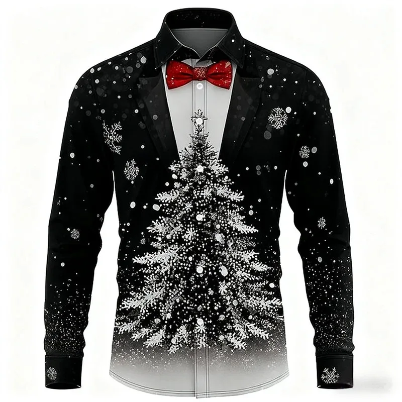 قميص عيد الميلاد للرجال، تصميم عصري غير رسمي، قميص رجالي لحفلات العطلات، طية صدر السترة بأكمام طويلة ملابس رجالية راقية مقاس S-5XL #3