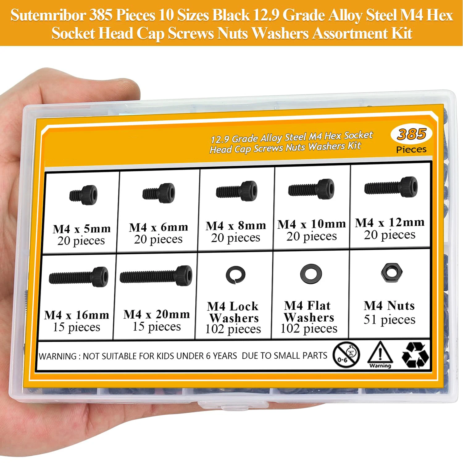 

385 sets of M4 screws, nuts and washers in black color, M4 x 5-20 mm hexagonal socket screws and nuts and washer sets, 12.9 grad