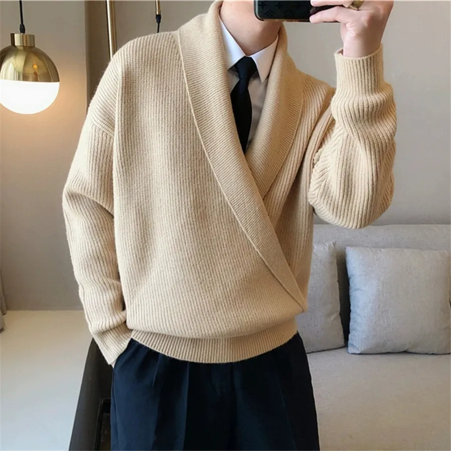 Nuevo 2026 Jersey para hombre, suéter informal holgado con cuello en V grande para hombre, prendas de punto para primavera y otoño, abrigo de punto liso con cuello vuelto perezoso