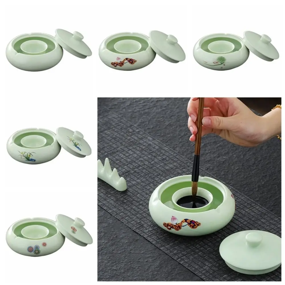 

Traditional Calligraphy Inkstone Chinese Style Round Ink Stone Double Layer Portable Calligraphy Inkwell Dish Drawing Tool