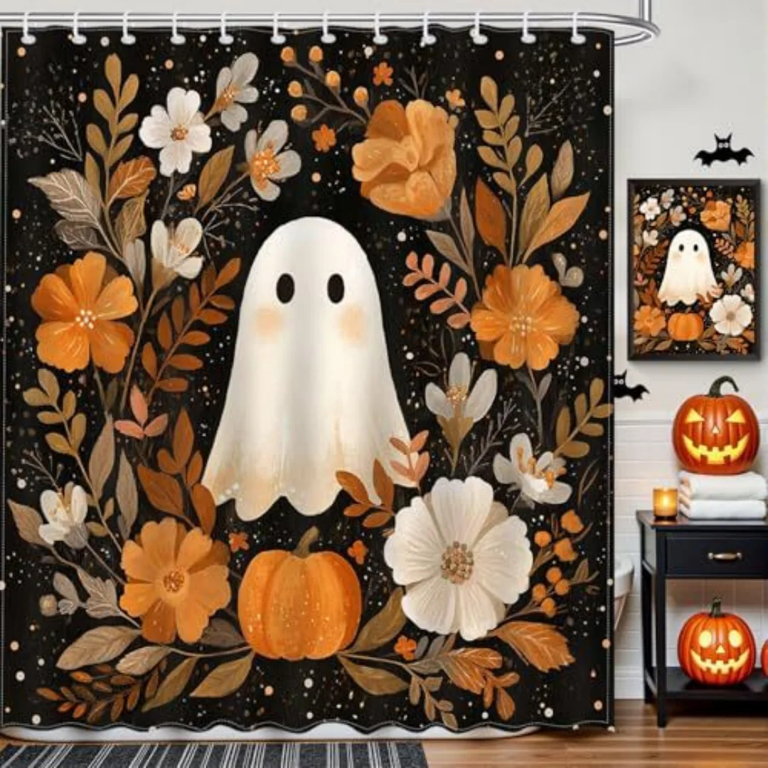 1PC Halloween Shower Curtain Cute Cartoon Ghost Curtain, Quick-dry Durable Waterproof Bath Curtain for Halloween Decor, 12 Hooks