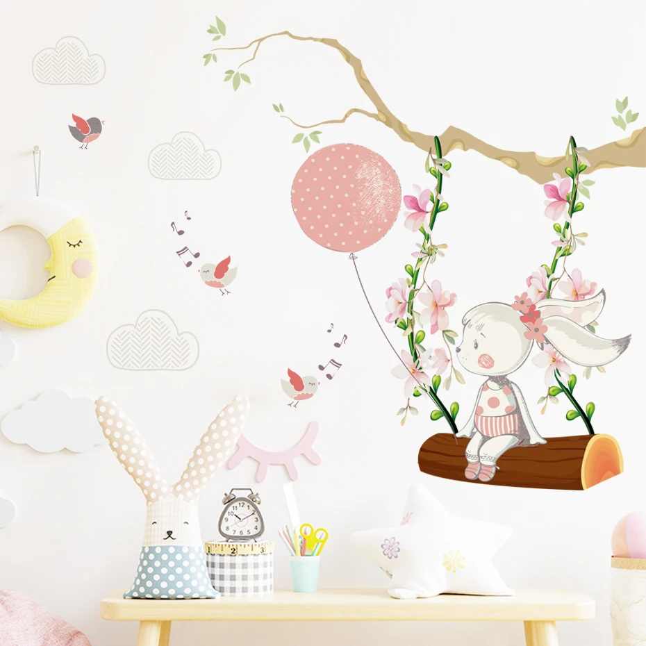 

Pink Cartoon Swinging Rabbit Wall Stickers Watercolor Nursery Vinyl Girls Room Decoration Wall Decals Mural Kid Room Decor