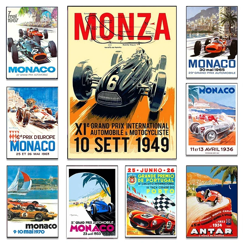 Vintage Car Racing Monaco Poster and Prints Wall Art Pictures Classic Racing Grand Prix Retro Art Canvas Painting for Home De