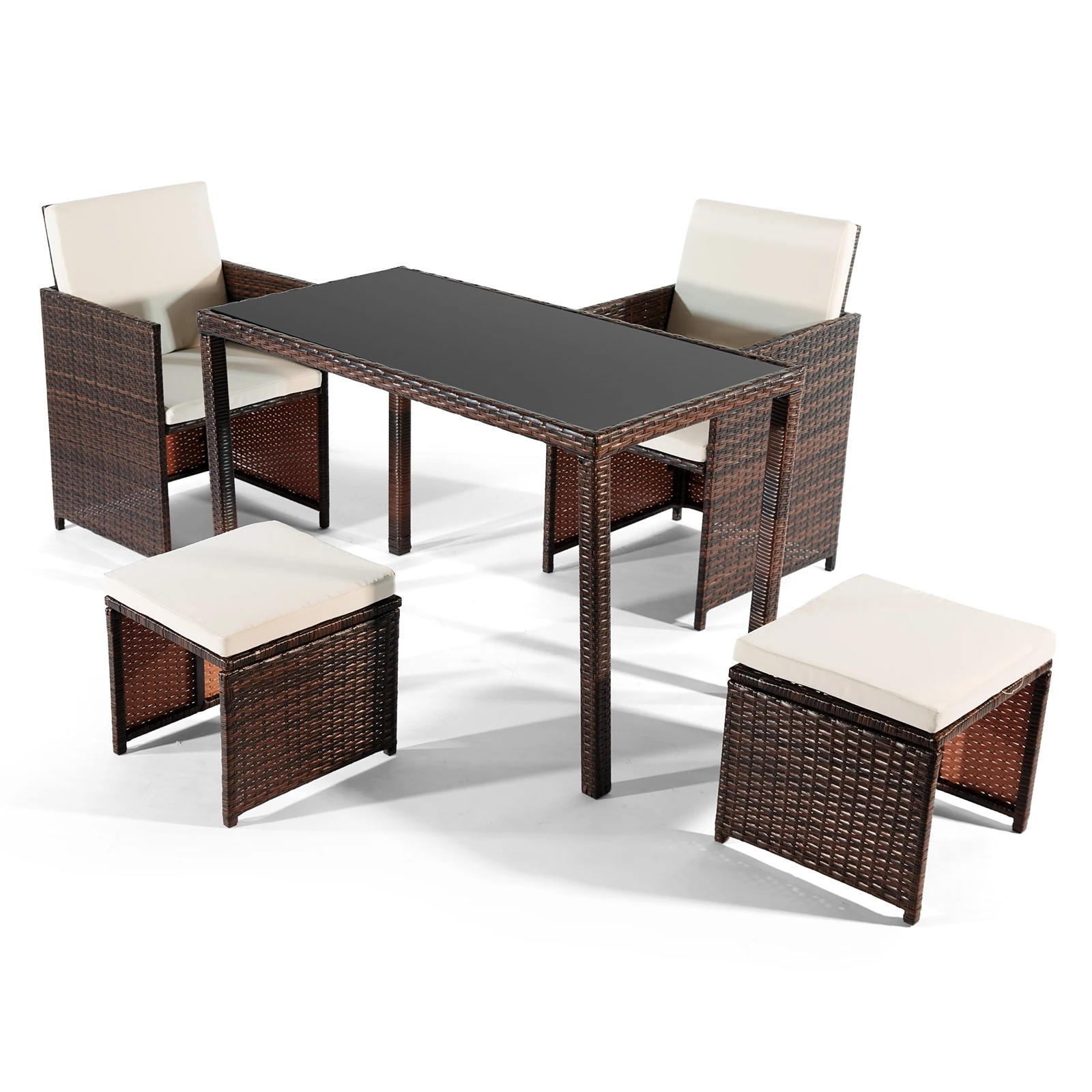 [Flash Sale]5-Piece Rattan Dining Table Set Include 1 Rectangle PE Wicker Table+2 Armchairs+2 Ottoman for Patio Poolside Garden