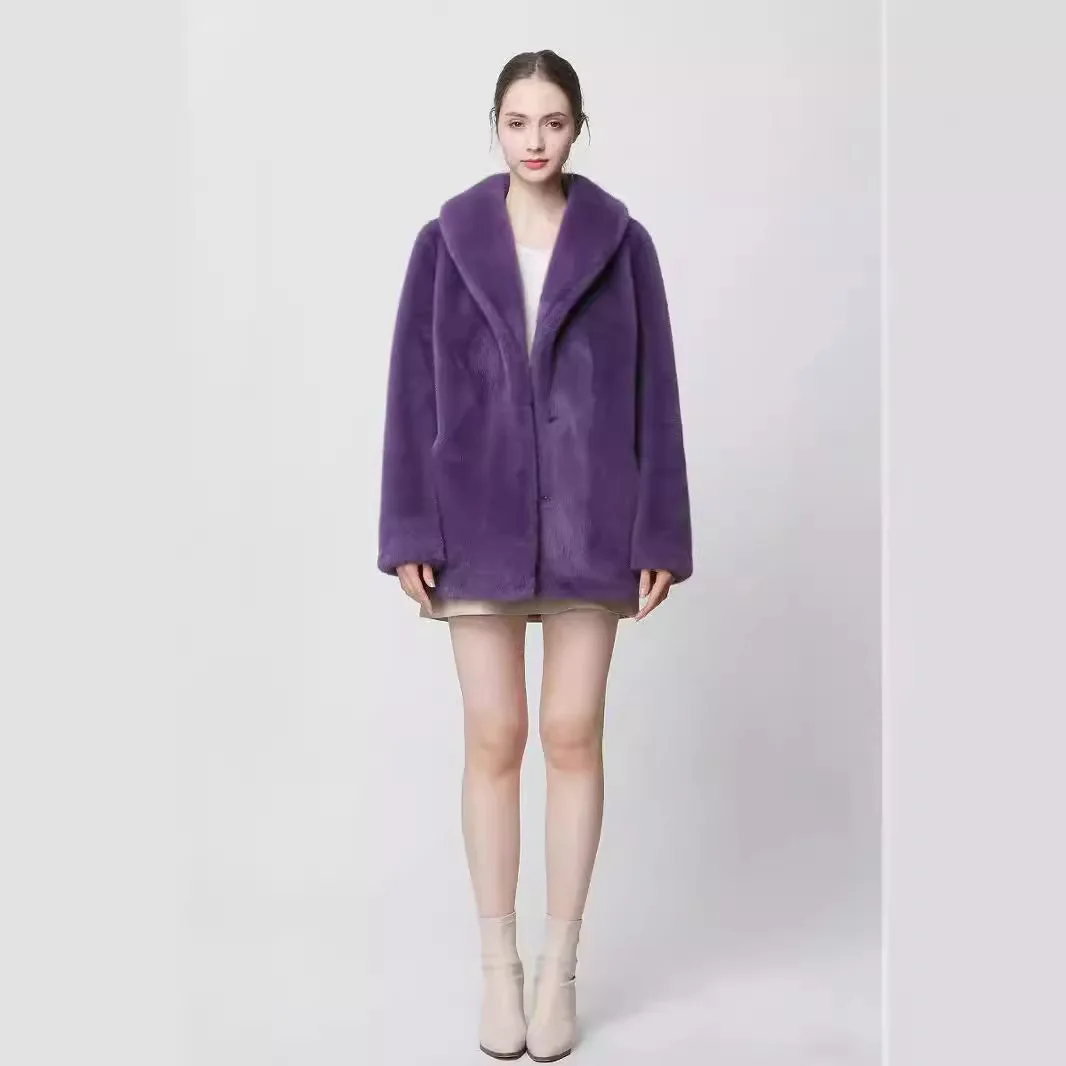 KIDCRKJ 겨울 여성 밍크 퍼 재킷 솔리드 싱글 브레스티드 플리스 여성 아우터 우아한 따뜻한 플러피 인조 퍼 재킷