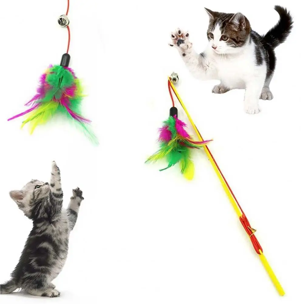 Cute Cat Toys Interactive Funny Multicolor Color Feather Bells Cat Stick For Pet