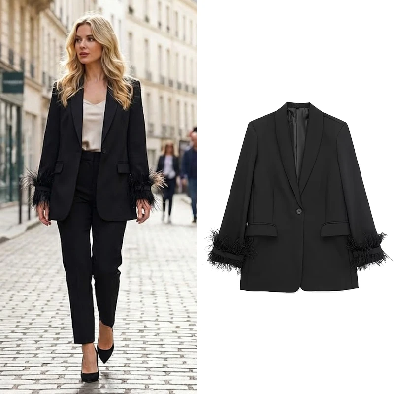 Willshela Women Fashion Satin Black With Feather Blazer Jacket Vintage Notched Neck Single Button Long Sleeves Female Outfits