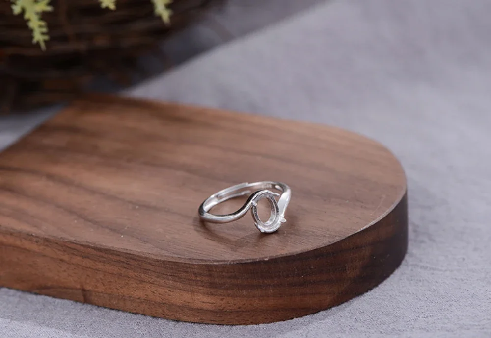 Ring Blank (6x8mm Oval Blank) Adjustable Long-Lasting White Gold Plated 925 Silver Ring Setting