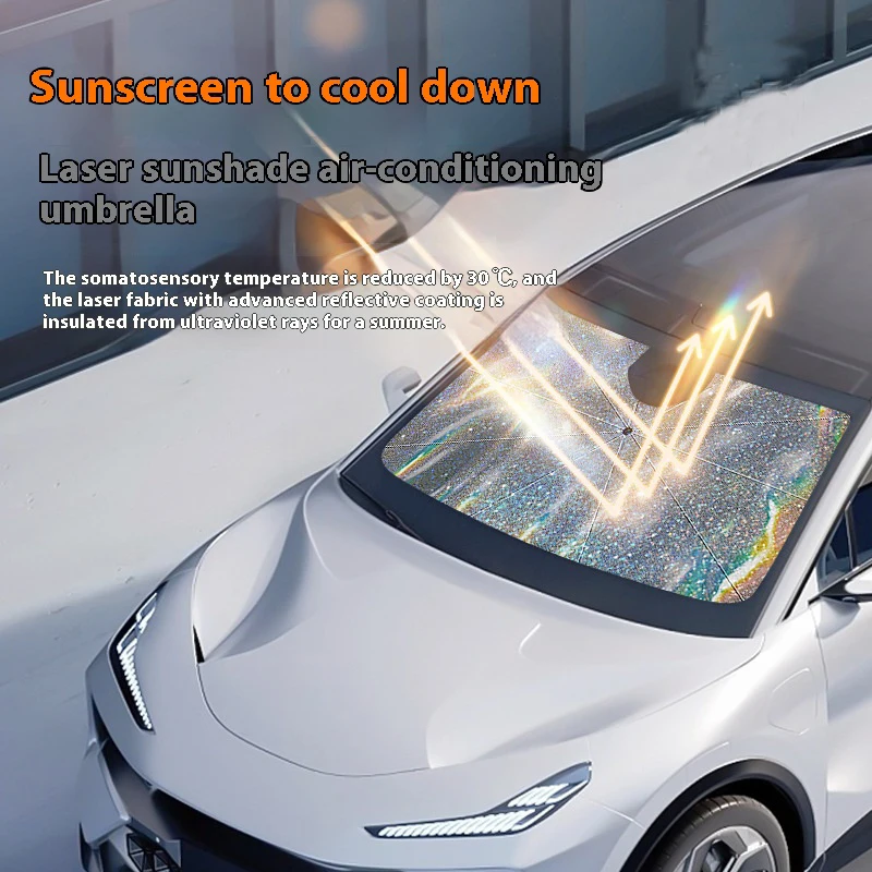 Front Windshield Laser Car Sunshade Colorful Heat Insulation Front Windshield Car Sunscreen Sunshade with 360° Rotatable Handle