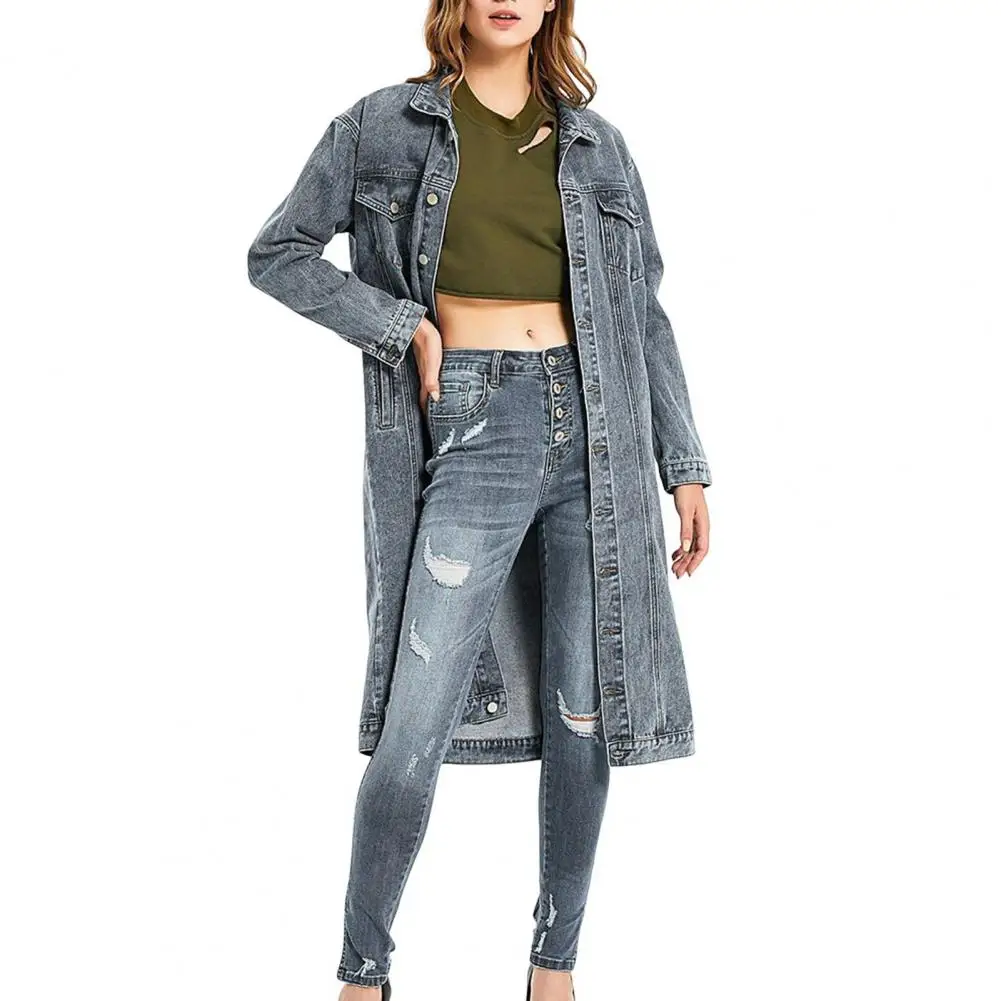 

Lapel Denim Jacket Stylish Women's Retro Denim Jacket with Turn-down Collar Chest Pockets Slim Fit Outerwear for A Chic Look