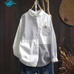 Lace Patchwork Striped Print Women's Cotton Casual Shirt 2025 New Arrival Spring Fashion Good Quality Korea Style Casual Blouses