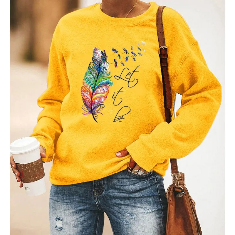 Let It Be Feather Print Long-sleeved Crew-neck Hoodie Sweatshirts Clothes Aesthetic Harajuku Sweatshirt Tops