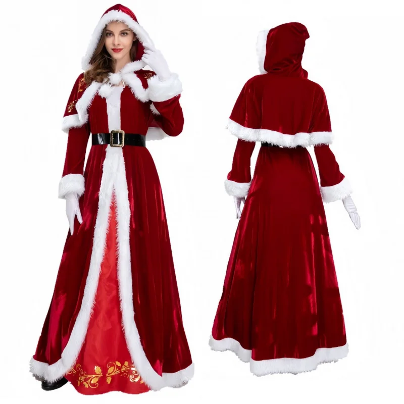 

2025New Couple Christmas Costumes Men and Women Santa Claus Costume Printed Christmas Stage Performance Set