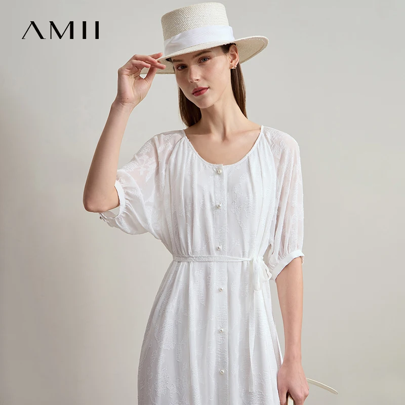 AMII Beżowa Sukienka Wakacyjna 2025 Lato Biurowa Damska Pasek Szyfon Koraliki Guziki Linia A Okrągły Dekolt Fairycore Sukienki 12542143