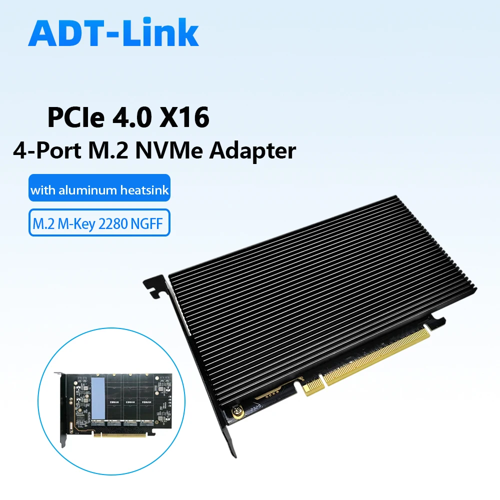 PCIe 4.0 X16 To 4 Port M.2 NVMe SSD Expansion Card with Heatsink, M.2 M-Key 2280 NGFF PCIE Adapter Card Support PCIe Bifurcation