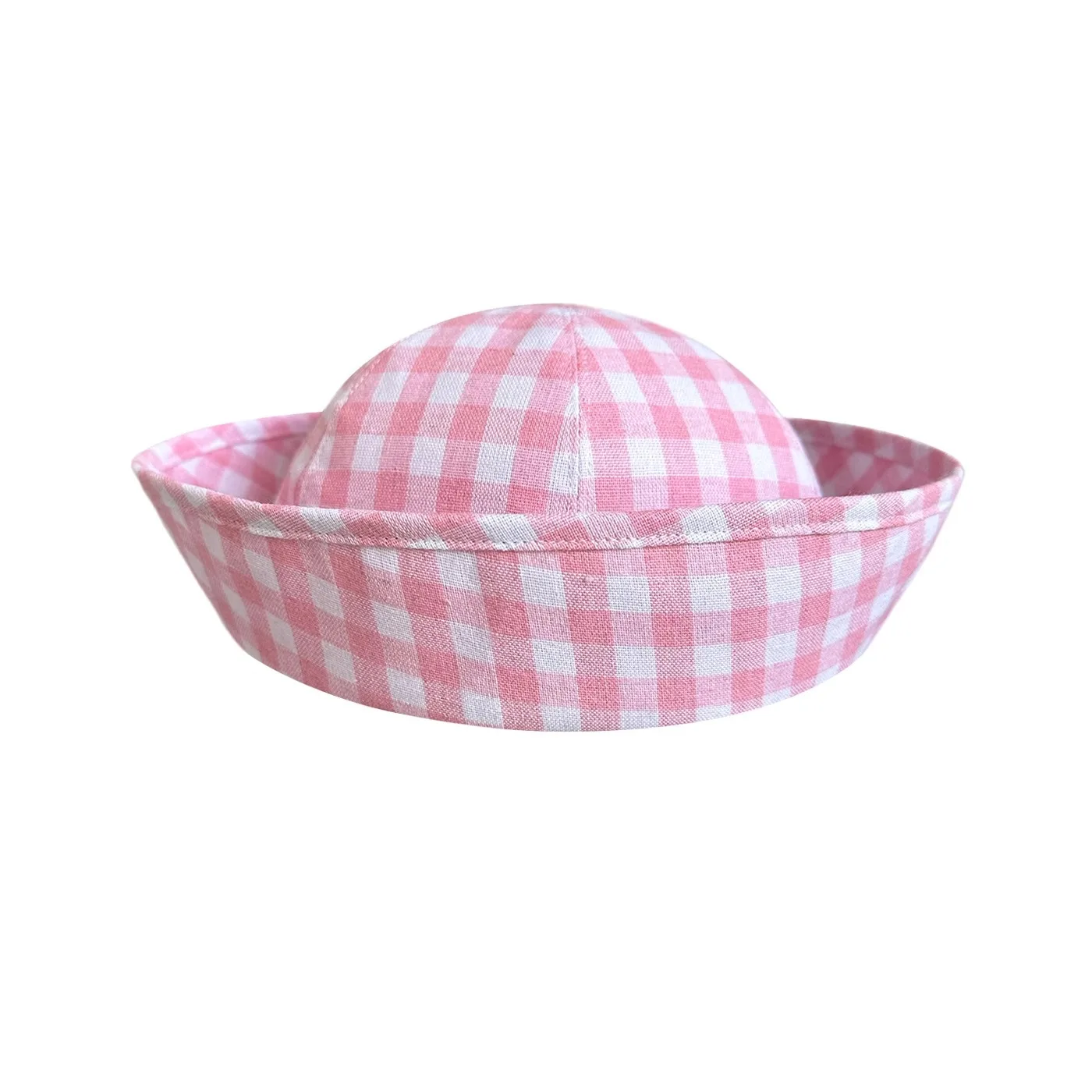 Pink Plaid Sailor Hat, Korean Fold Brim Boat Cap, Versatile Check Nurse Style Hat for Spring Summer Daily Match