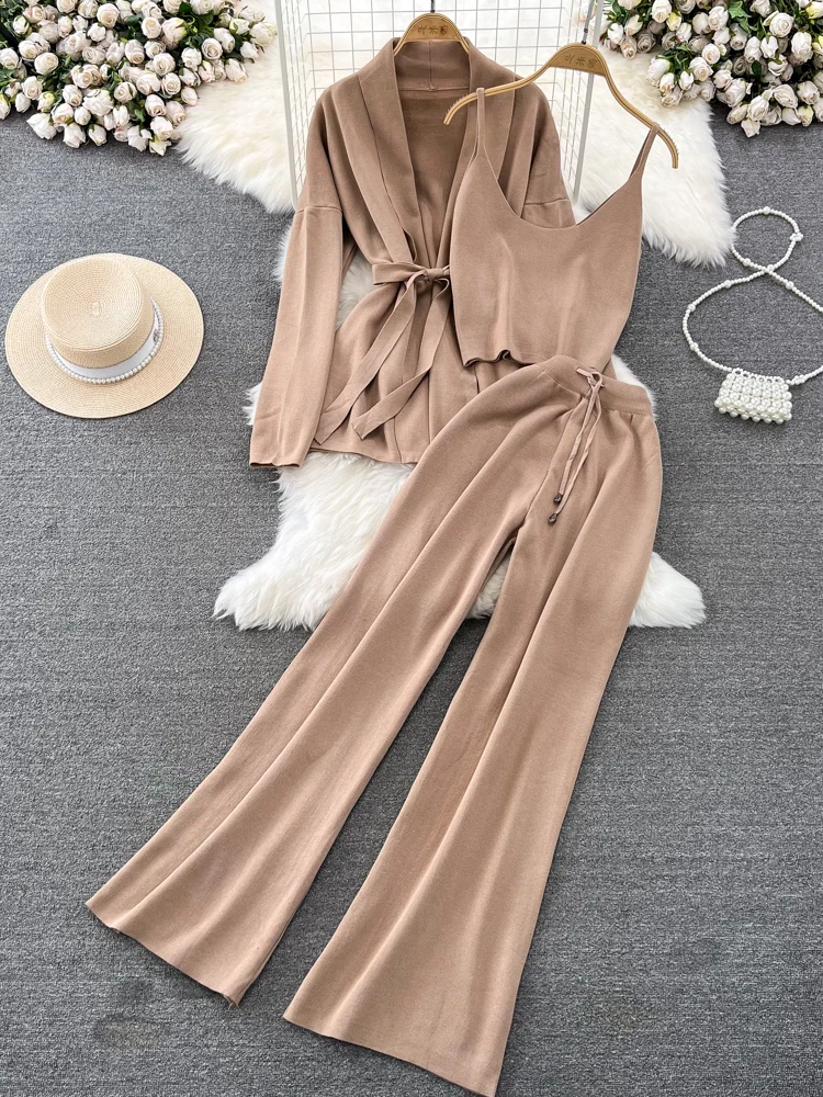 

Fashionable Korean Style Long Sleeve V-Neck Knitted Outerwear Tank Top High Waist Wide Leg Pants Three Piece Set for Women