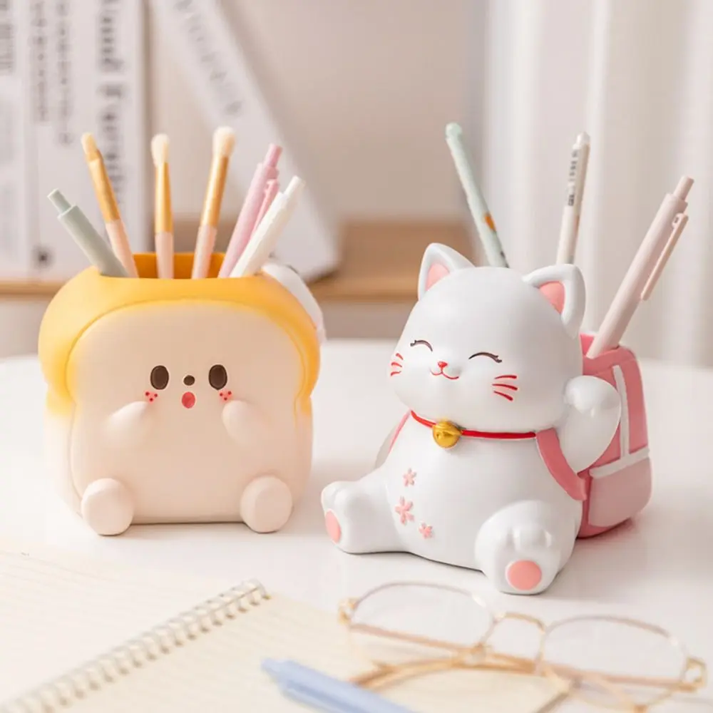 

Kawaii Maneki Neko Lucky Bag Pen Holder Toast Cute Desktop Storage Box Decoration Cat Pencil Container Pen Storage