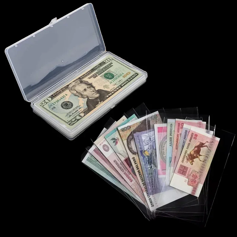 

100 PVC Banknote Organisers Transparent Banknote Protectors with Box for Banknotes, Notes, Bookmarks, Invoices, Card Collection