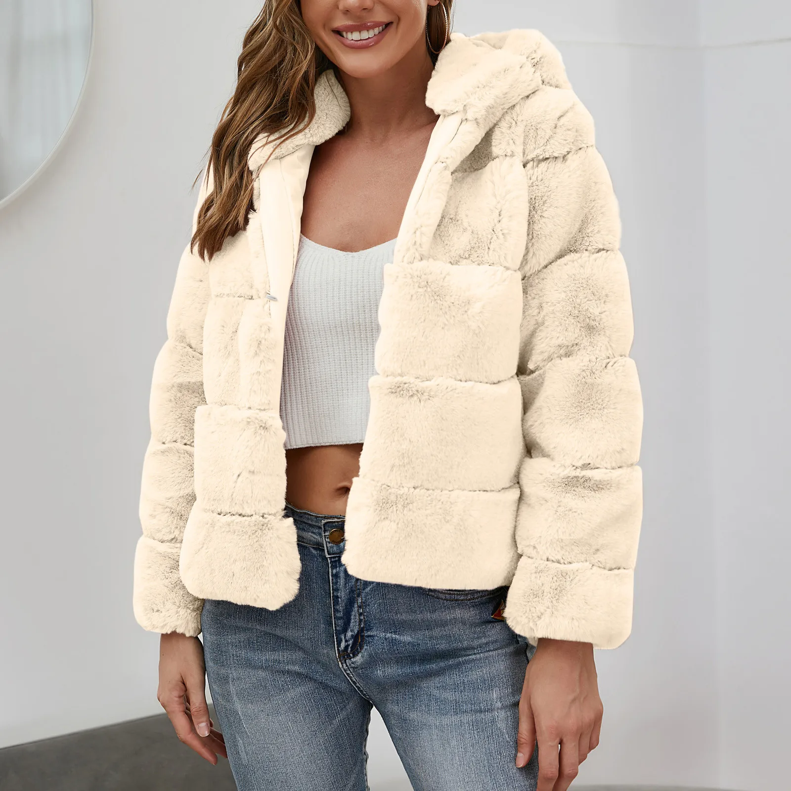 Abrigo de moda para Mujer, Abrigo con capucha de imitación de gran tamaño, Chaqueta de piel sintética más cálida de manga larga, Chaqueta femenina, ropa de calle