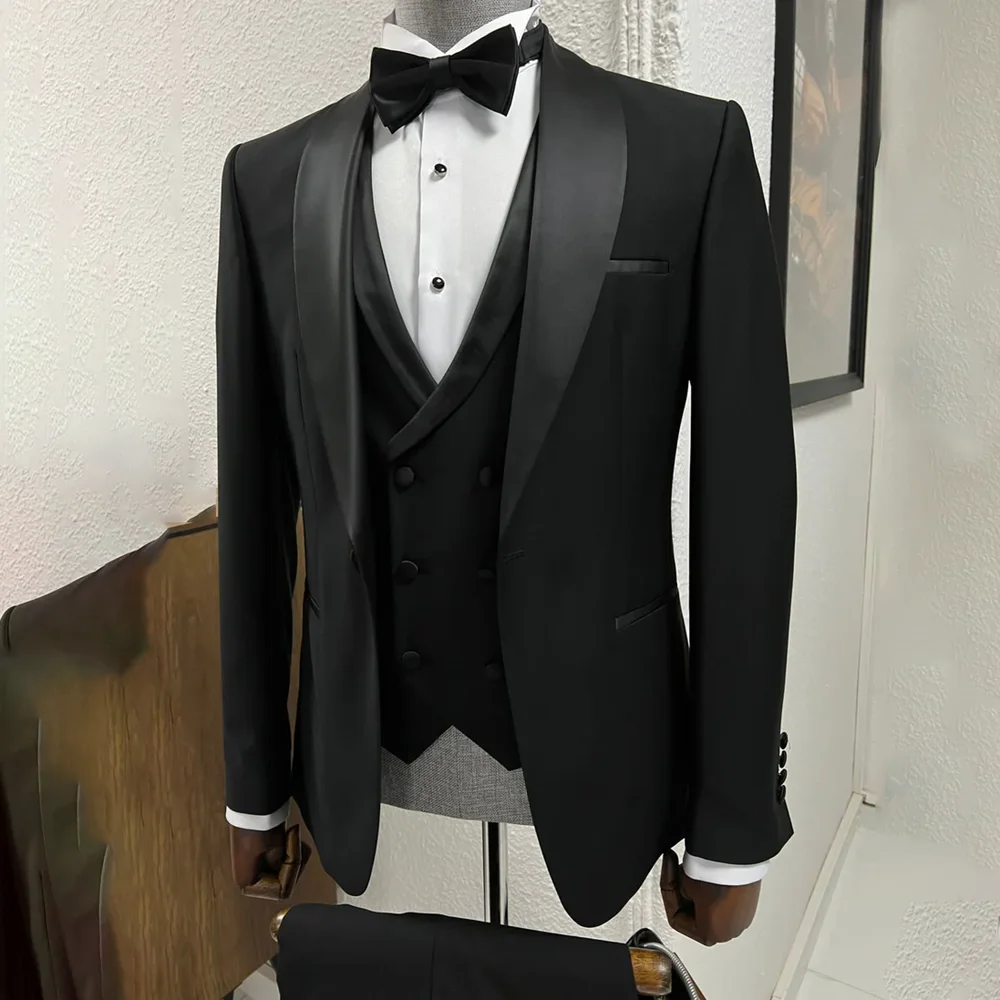 

High-end Black Men Suits 3 Piece Elegant Shawl Lapel Singe Button Male Suit Slim Groom Wedding Party Tuxedo (Jacket+Vest+Pants)