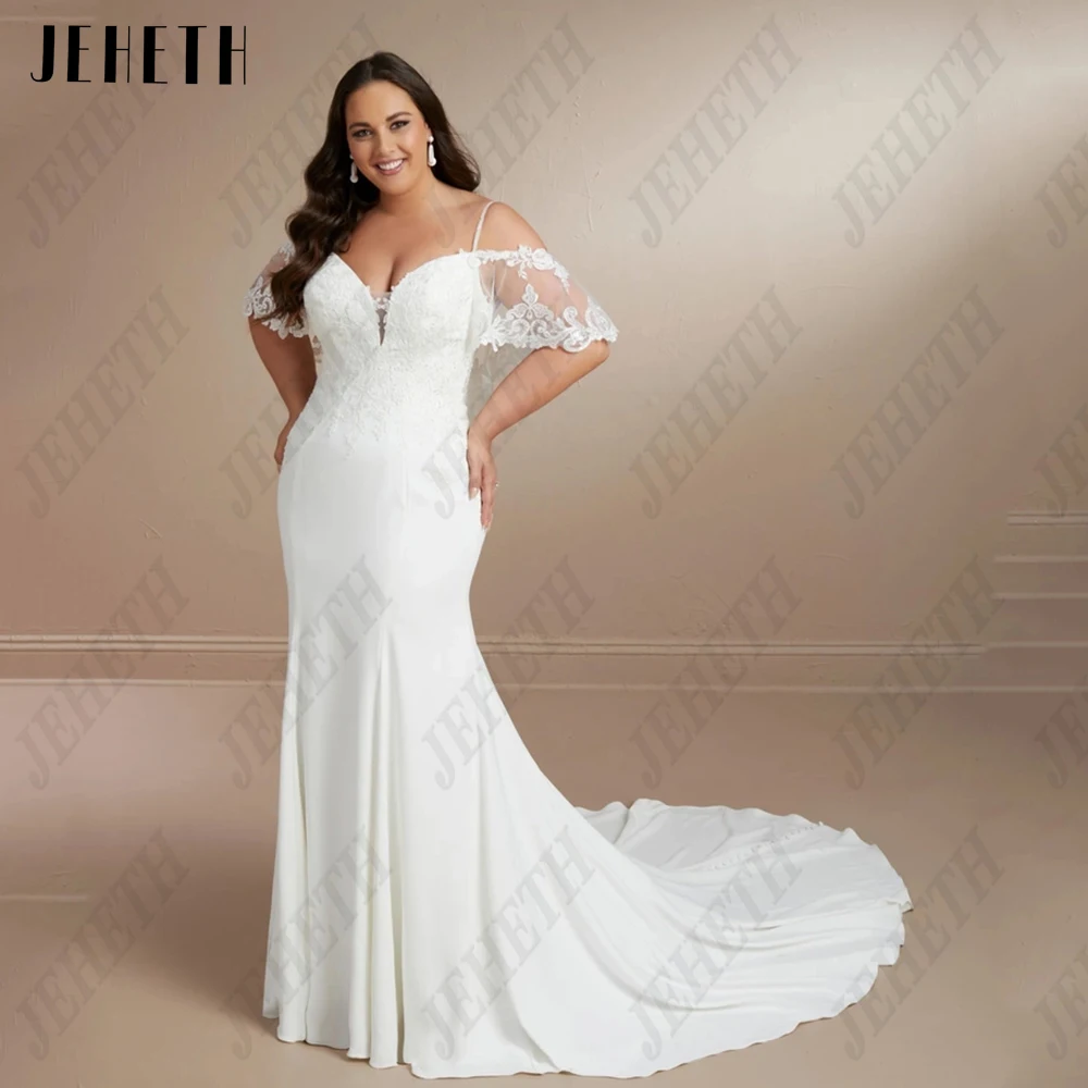 JEHETH Modern Spaghetti Straps Vestidos de Casamento Plus Size Sereia Cetim Vestidos JEHETH Modern Spaghetti Straps Vestidos de Casamento Plus Size Satin Sereia Macio Noiva Vestidos Sweep Train V-Neck vestidos de noiva