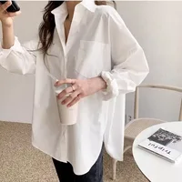 Blusas holgadas informales blancas elegantes para mujer de oficina, camisa de manga larga de algodón a la moda para mujer, Tops con cuello vuelto