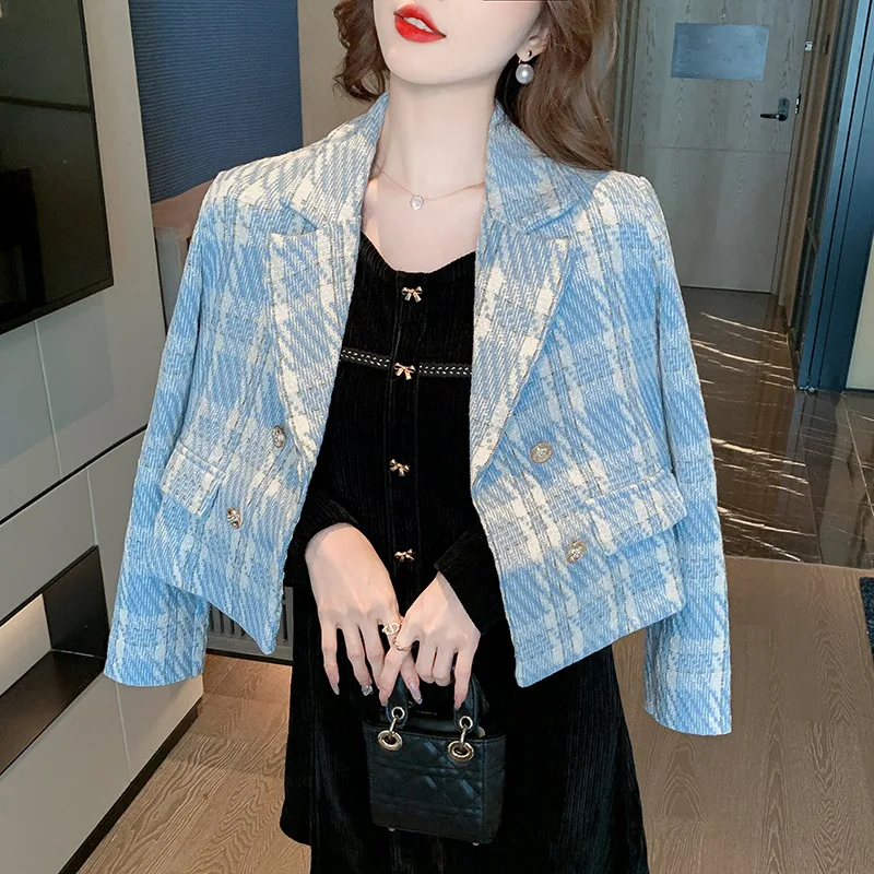 Women's Spring Autumn Costume Fragrant Style Suit Short Coat Checkered Collar Balzers