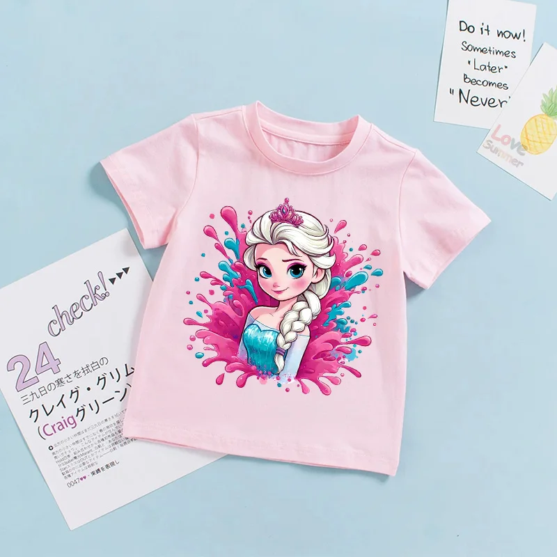 2026 Frozen Elsa T-Shirt Cartoon Anime Figure Print Little Girls Children Aged 3-8 Fashion Sweet Tops Summer Clothes Kids Gift