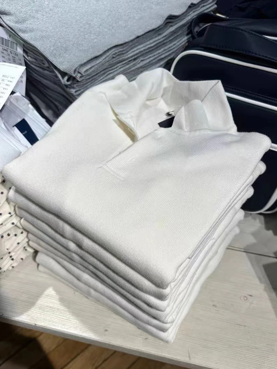 女性のためのシンプルな白いボタンルーズセーター、綿の折り襟、プレッピースタイル、ニットトップ、甘いヴィンテージのジャンパー、秋、新しい