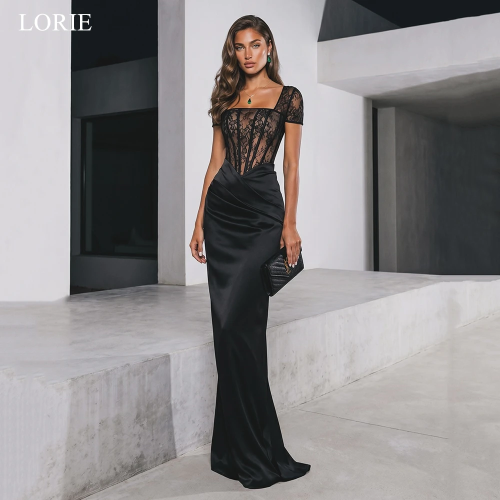 LORIE Sexy Lace Patchwork Satin Party Dress Square Collar Backless Evening Dresses Pleated Long Sheath Prom Gowns Customized