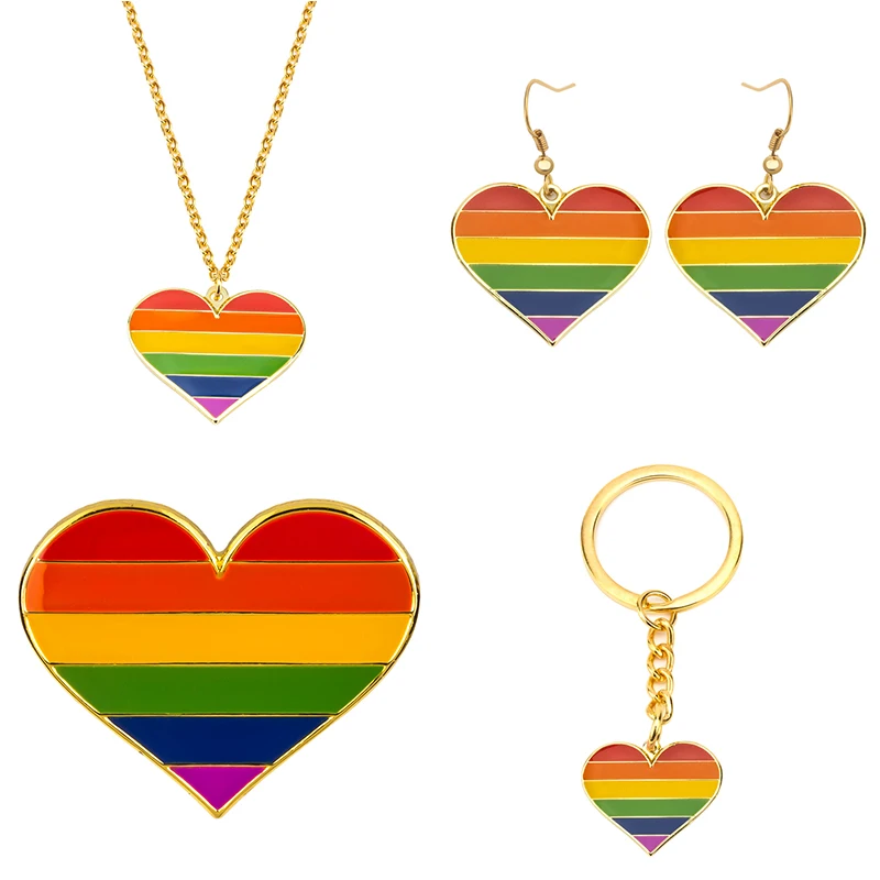 

Heart Shape Rainbow LGBT Earrings Gay Pride Necklace Rainbow Key Ring Badge Set Earrings Jewelry For Women Men Lovers Gift