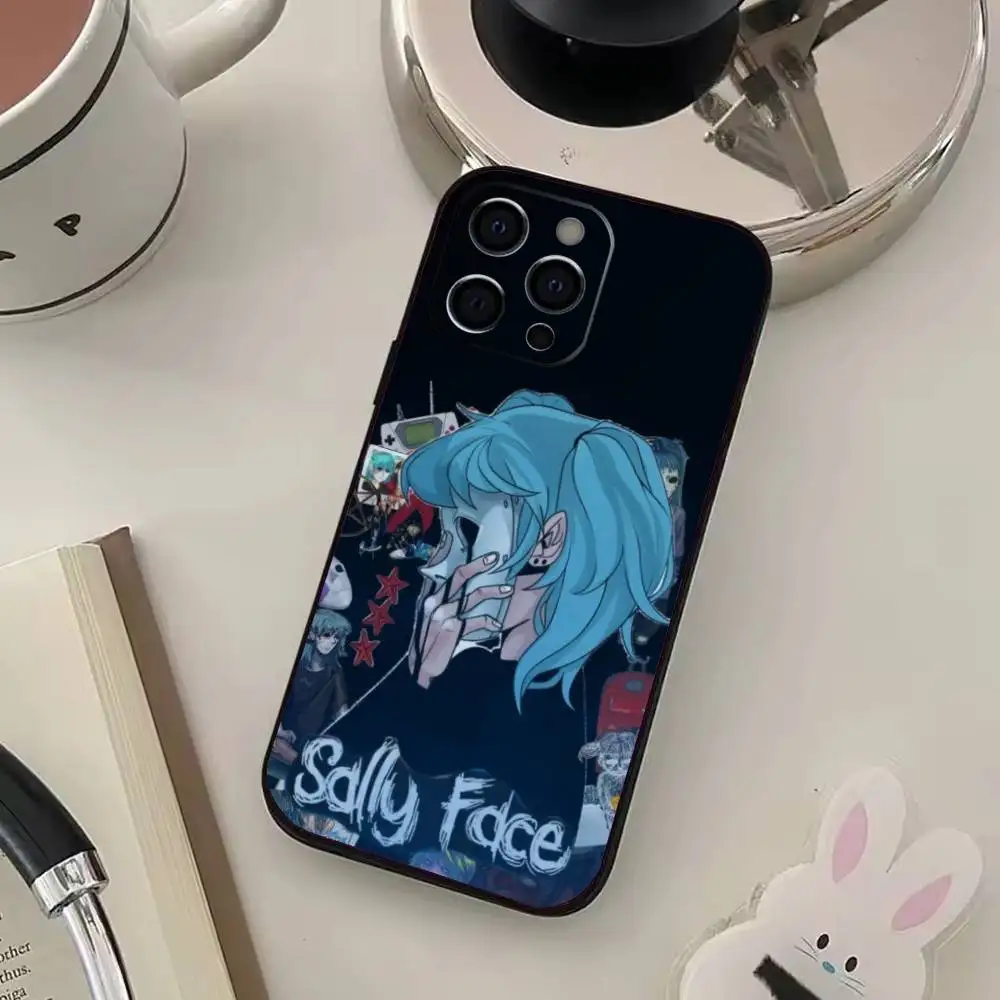حافظة هاتف كارتون S-Sally Face SF لهاتف iPhone17,16,15,14,13,12,11 Plus، Pro Max غطاء أسود ناعم