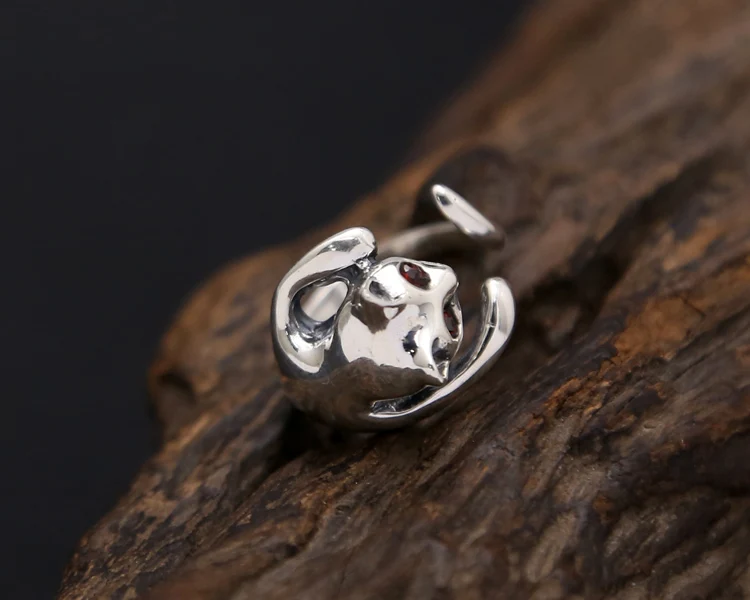 S925 pure silver jewelry cute cat ring for women retro Thai silver tail ring with personalized diamond opening Korean version ri view 3