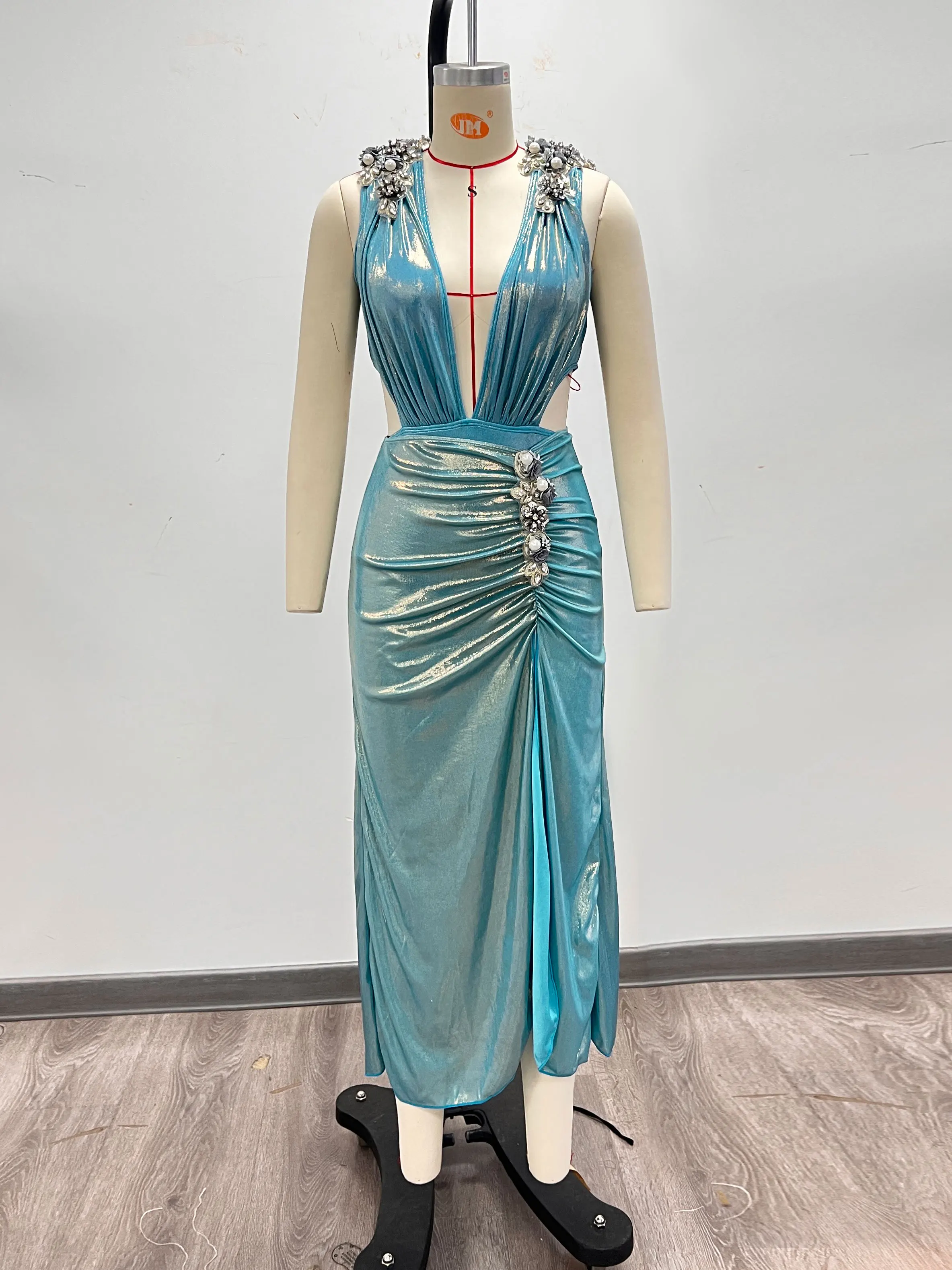 Metallic Shiny 2 Piece Swimsuit Set Rhinestone Floral Deep V Back Tie One Piece Bathing Suit  Midi Skirt Beach Cover Up Outfit