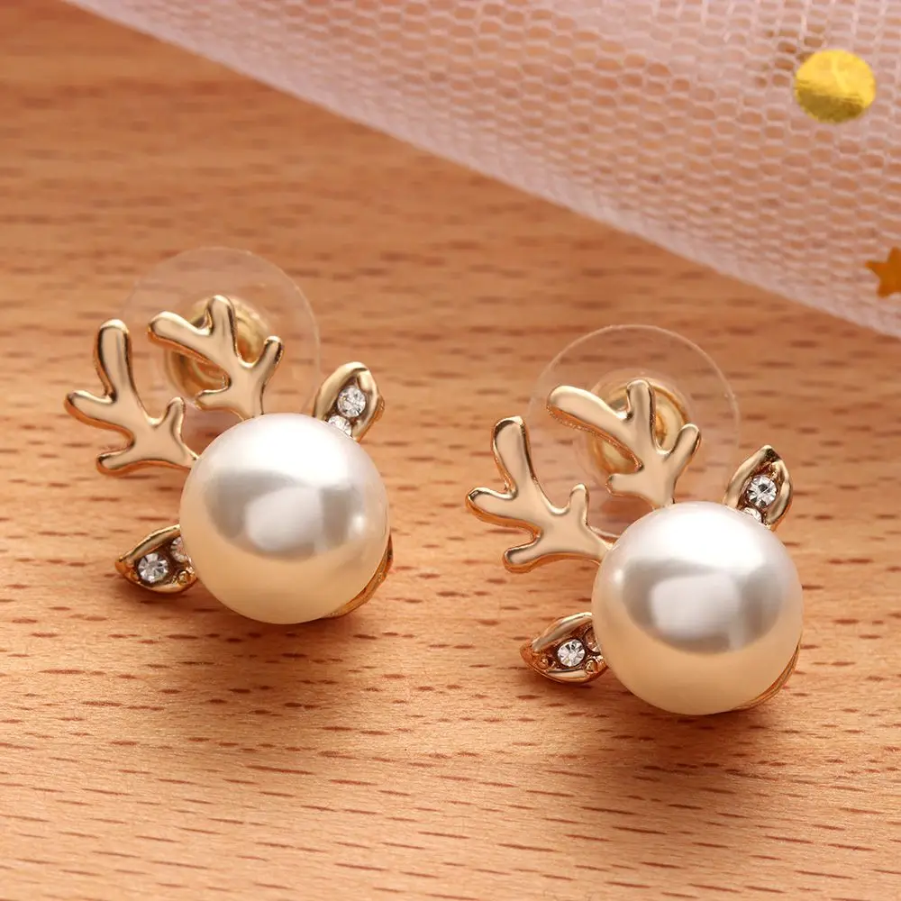 1 Pair Xmas Fashion Christmas Pearl Deer Earrings Reindeer Ear Stud Women Girls' Jewelry Accessories