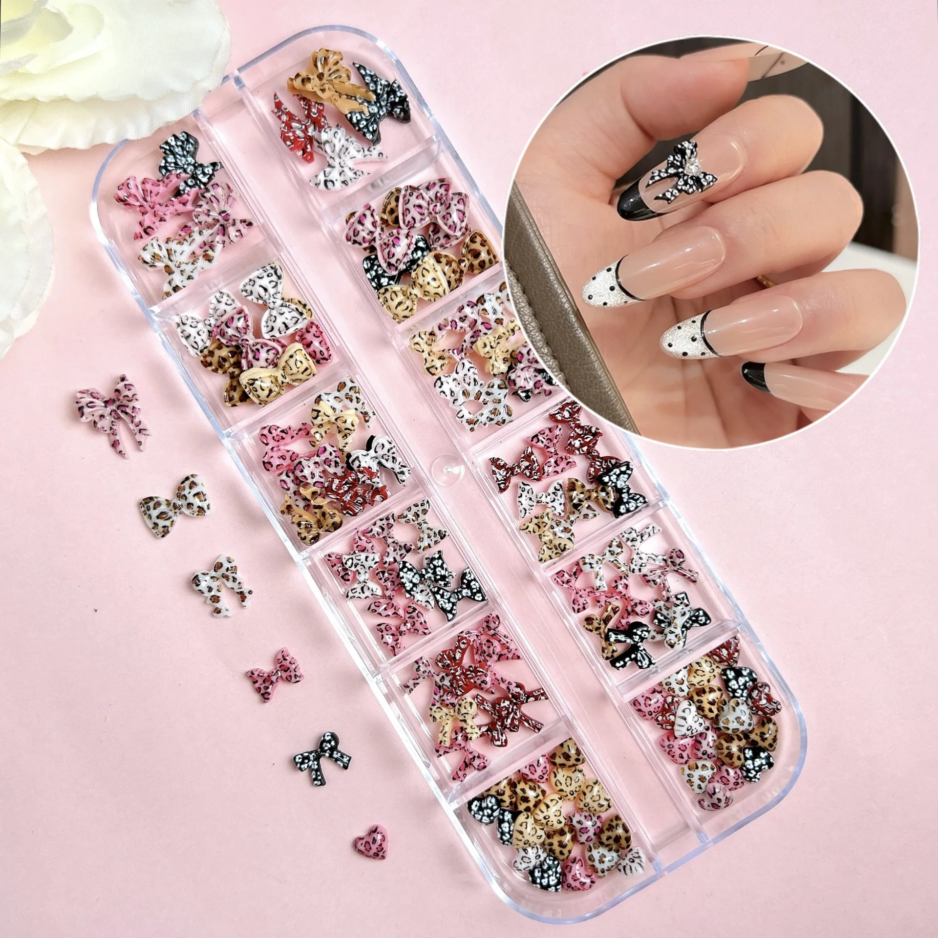 1pack Leopard Print Nail Charms Bow Tie Heart Resin 3D Nail Art Decoration Vintage Animal Pattern Bowknot Gems kit Set