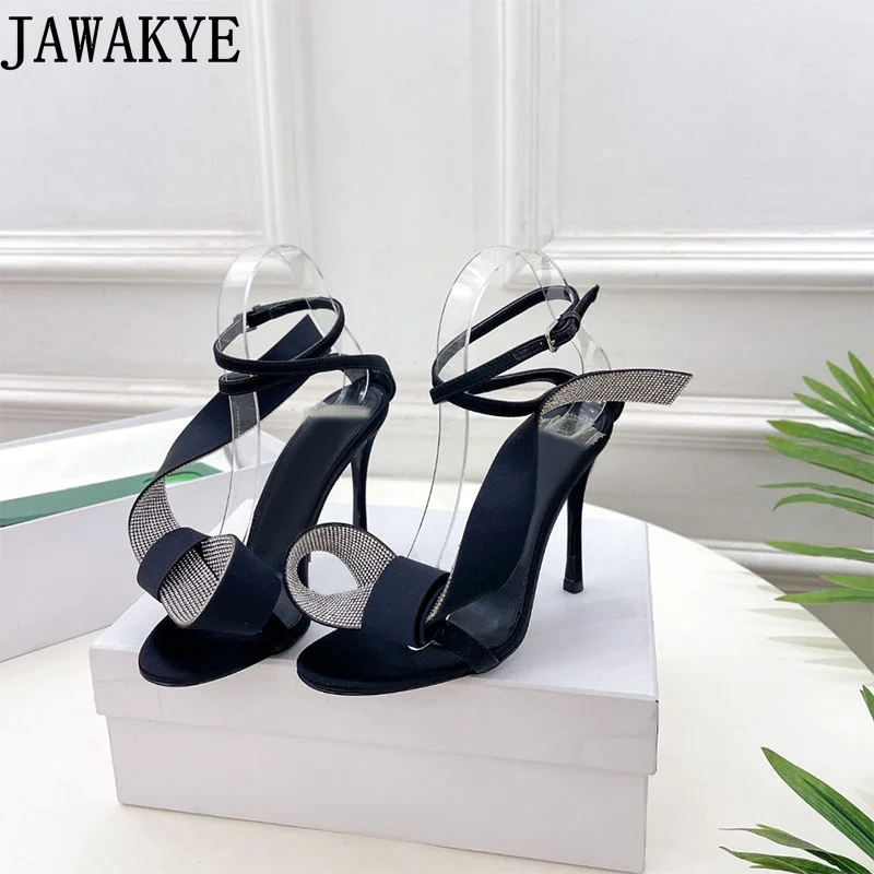 Sexy Crystal High Heel Sandals Women Open Toe Ankle Strap Satin Sandals Summer Brand Party Wedding Shoes Women Slippers Mujer