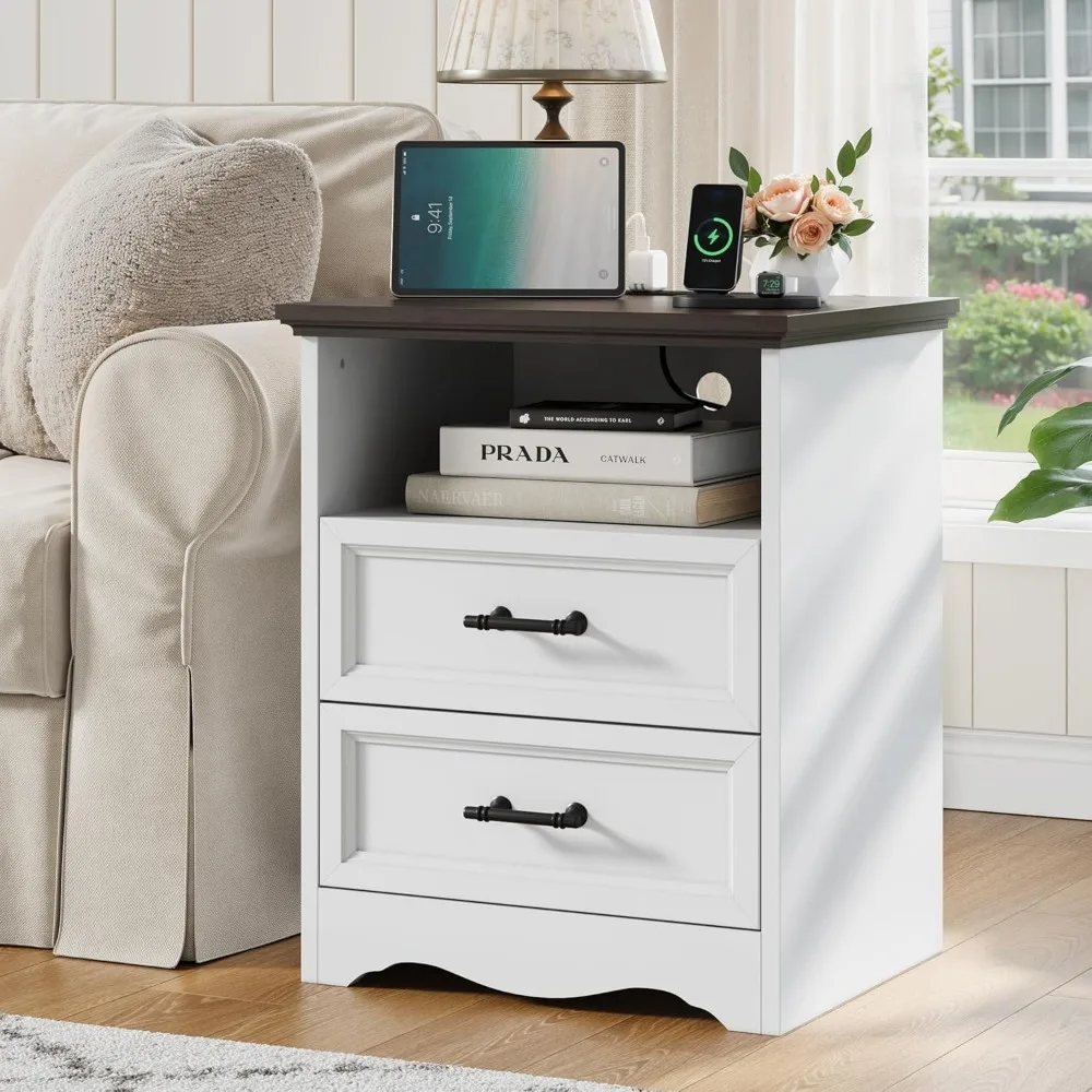 

Farmhouse Nightstand with Charging Station, End Table with 2 Drawers Storage, Space-Saving Wood Storage Cabinet with Unique Base