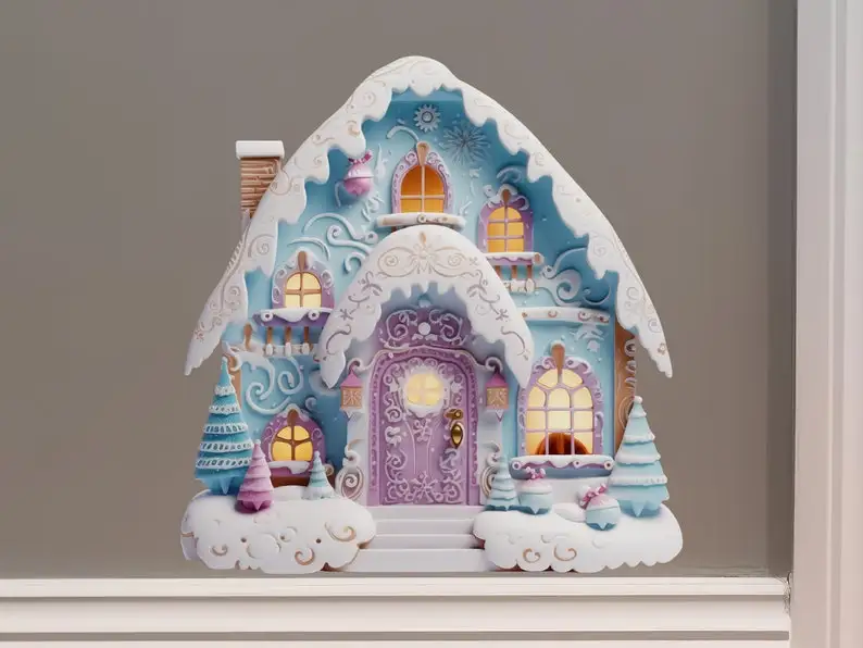 Christmas Village House Wall Sticker - Bright Blue and Purple Frosting Cotton Candy Holiday Decor Door