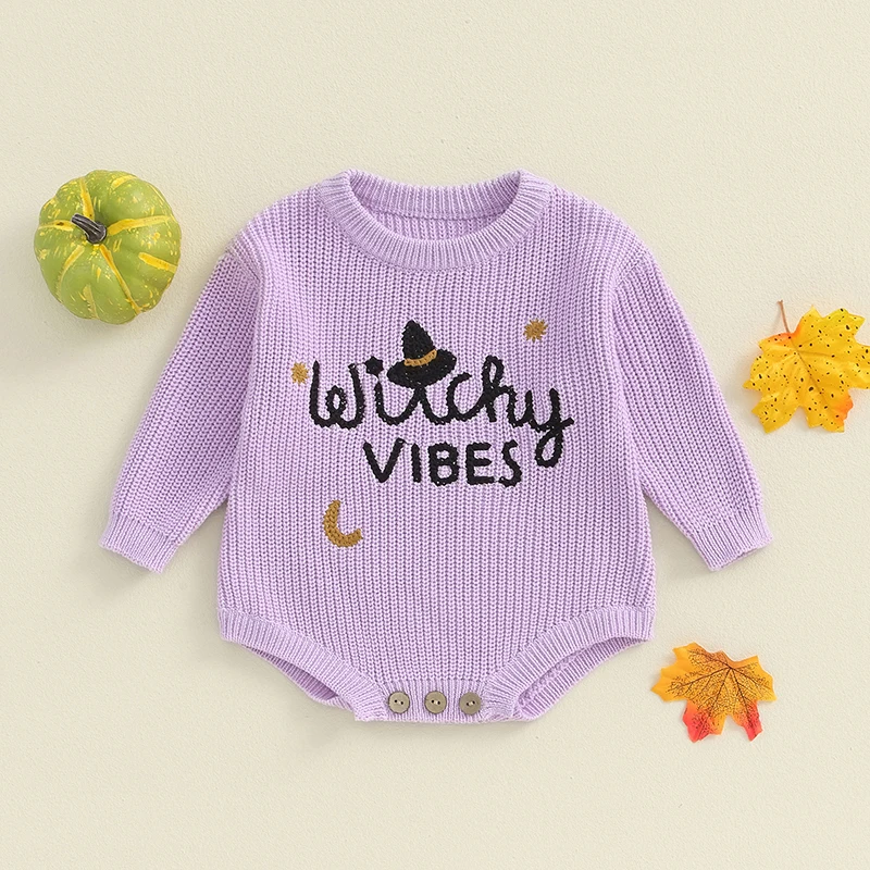 Baby Girls Boys Halloween Clothes Warm Sweater Rompers Letter Witch Hat/Pumpkin Face Embroidery Long Sleeve Bodysuits Knitwear