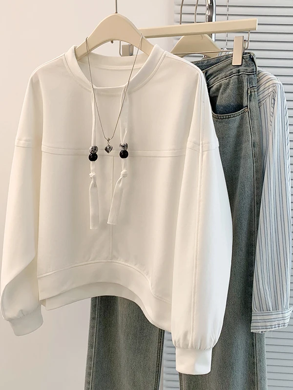 

Korean Sle Large Size Sweatirt Women's Batwing Sve Top Korean Artistic Retro Feel Small Stature Commute Wear