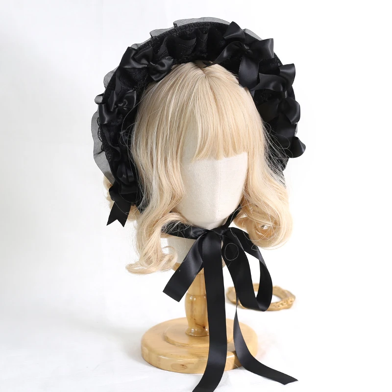 Sombrero de Encaje Estilo Gótico Lolita con Lazo, Gorro Bonito para Cosplay de Niña, Hecho a Mano, Diseño Original, Accesorio para Exhibición de Anime