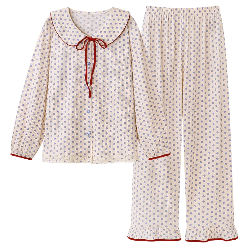 Doll collar polka dots pajamas for young girls cardigan homewear fashion full cotton long sleeve long pants pyjamas female M-4XL