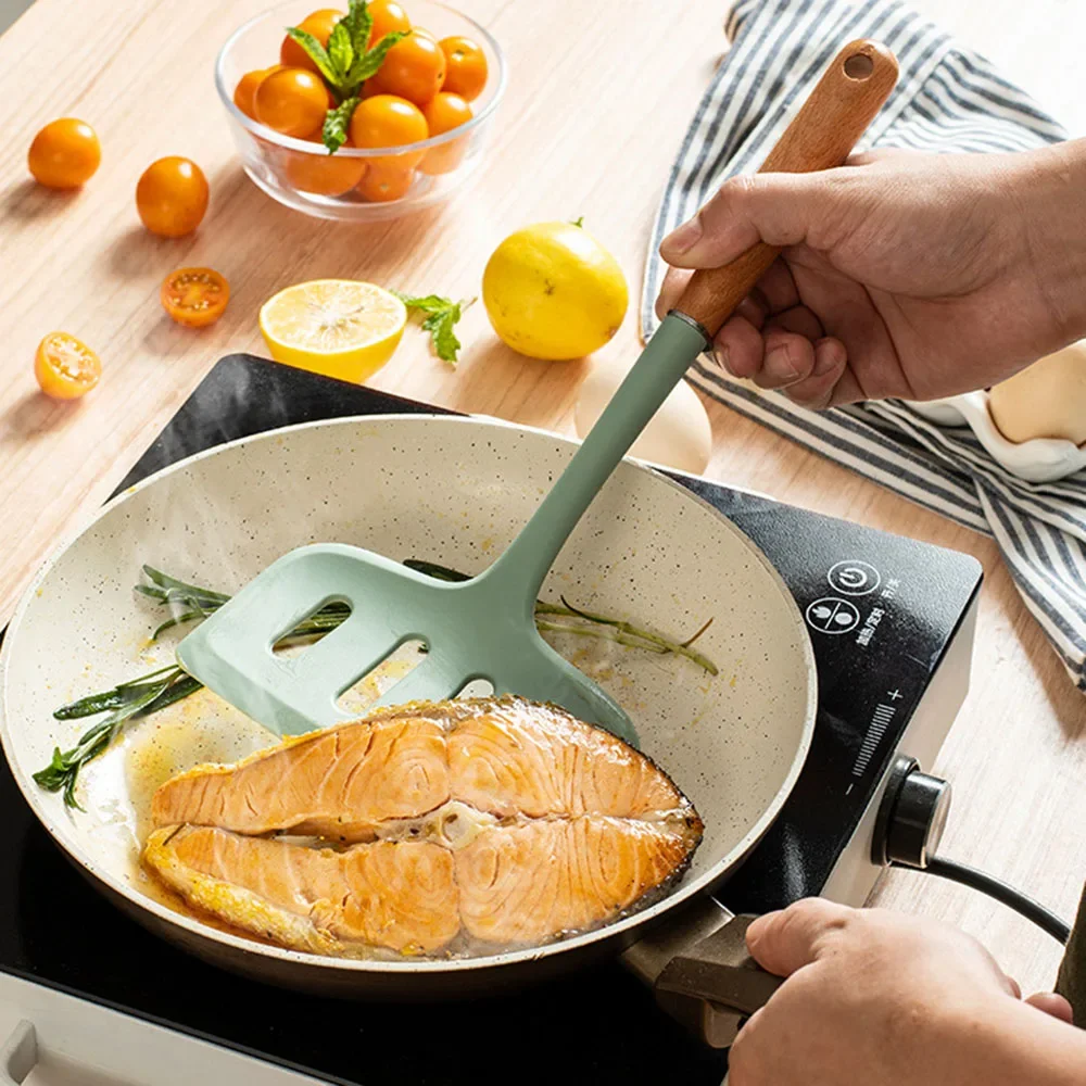 

1 шт., силиконовая лопата с деревянной ручкой, сковорода с антипригарным покрытием, лопатка для приготовления пищи, лопатка для жарки теппаньяки, лопатка для пиццы с широким горлышком, лопатка для стейка