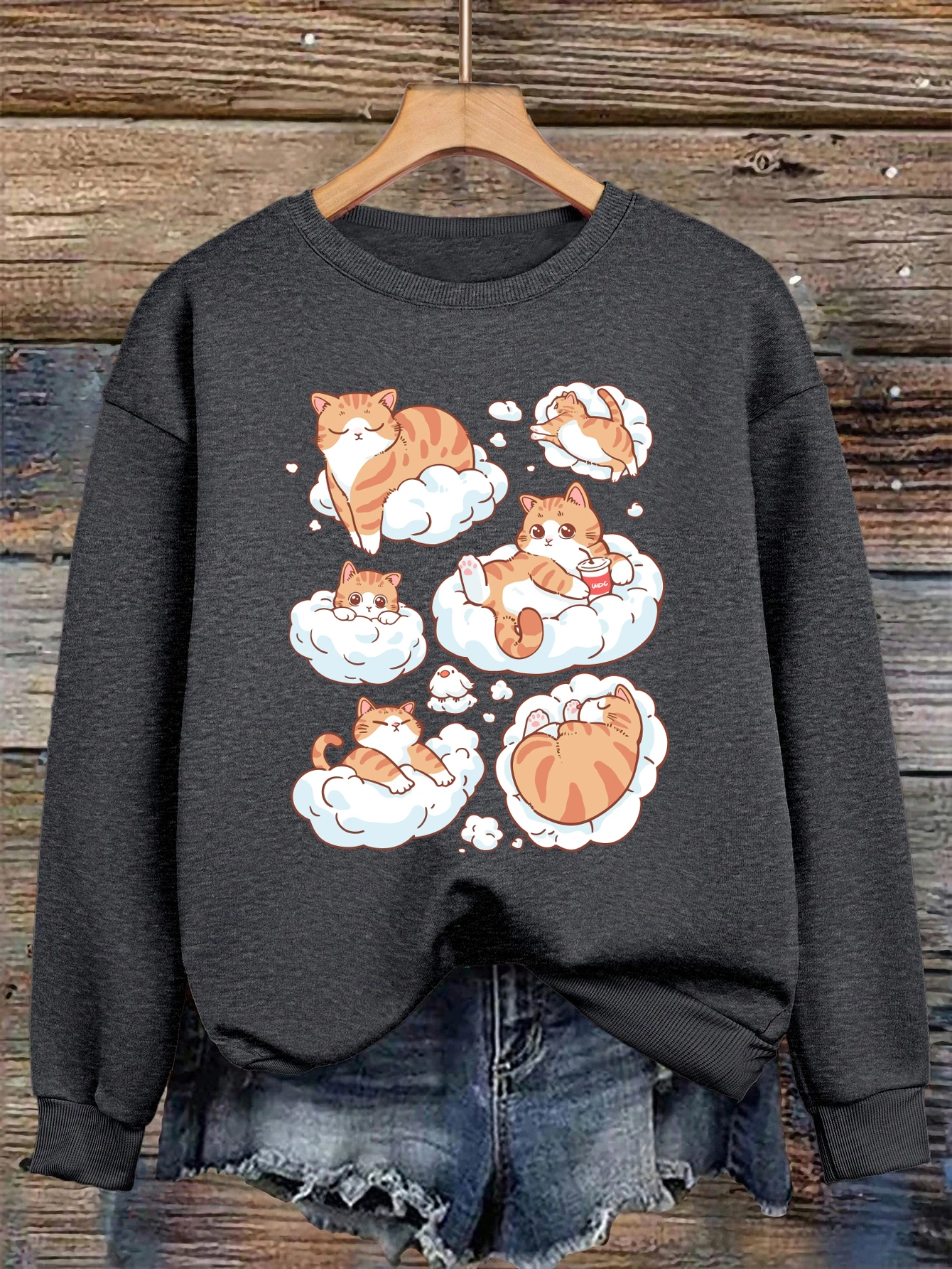 Jerséis cómodos con estampado de gatos para mujer, sudadera de lana holgada, ropa de otoño, ropa deportiva para correr con cuello redondo, 6 posiciones tumbadas